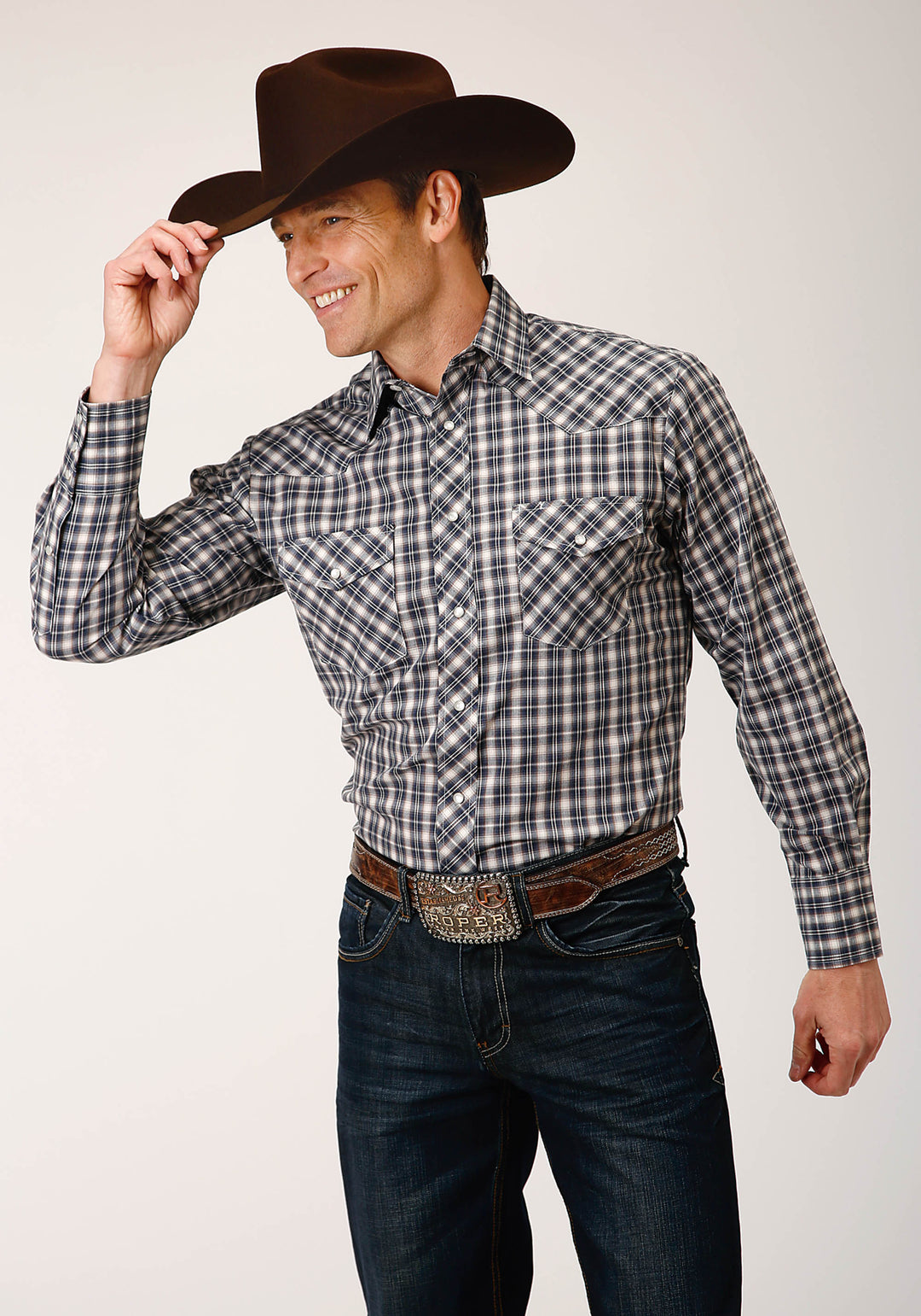 MENS LONG SLEEVE SNAP NAVY CREAM TAN SMALL SCALE PLAID WESTERN SHIRT