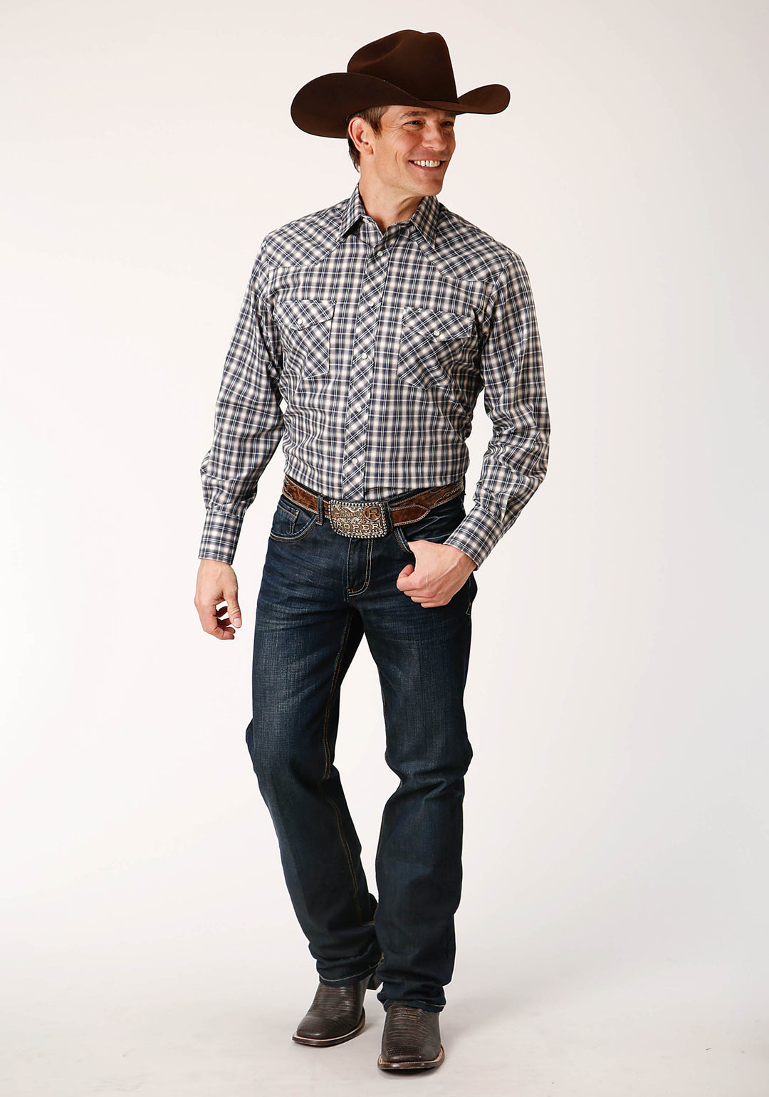 MENS LONG SLEEVE SNAP NAVY CREAM TAN SMALL SCALE PLAID WESTERN SHIRT
