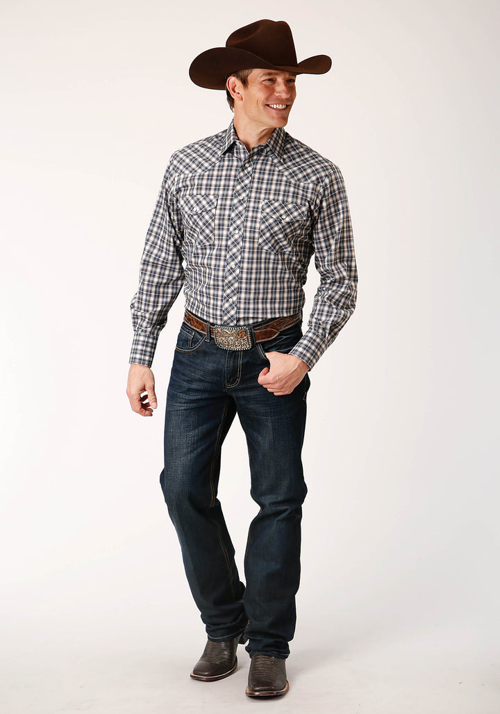 MENS LONG SLEEVE SNAP NAVY CREAM TAN SMALL SCALE PLAID WESTERN SHIRT
