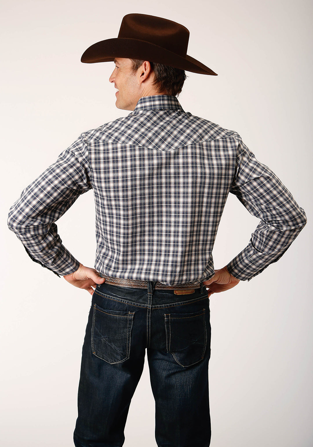 MENS LONG SLEEVE SNAP NAVY CREAM TAN SMALL SCALE PLAID WESTERN SHIRT