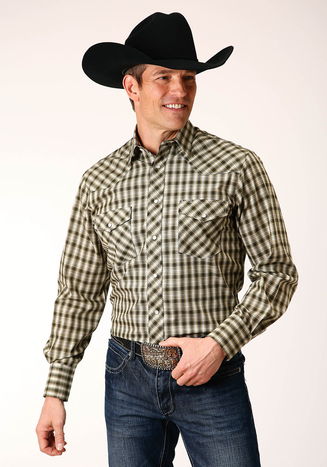 MENS LONG SLEEVE SNAP OLIVE BLACK CREAM PLAID WESTERN SHIRT