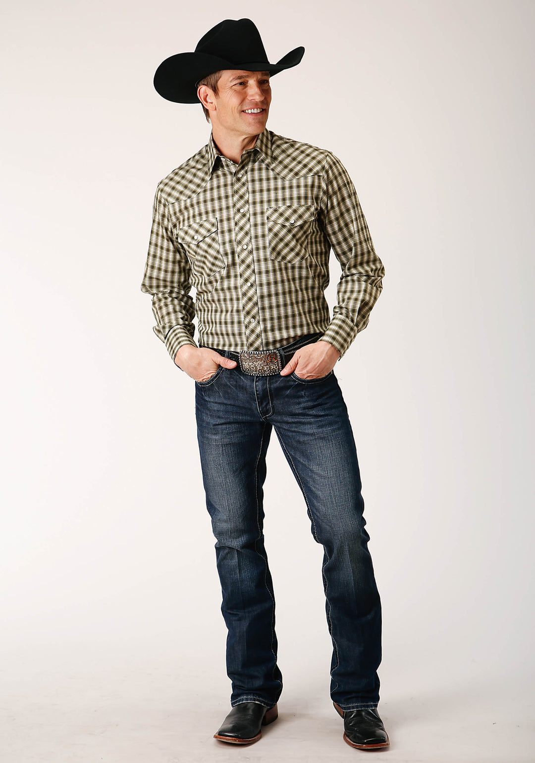 MENS LONG SLEEVE SNAP OLIVE BLACK CREAM PLAID WESTERN SHIRT