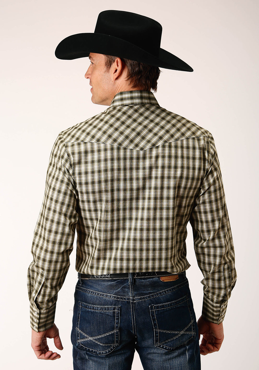 MENS LONG SLEEVE SNAP OLIVE BLACK CREAM PLAID WESTERN SHIRT