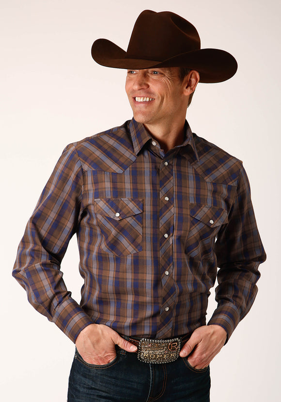 MENS LONG SLEEVE SNAP BLUE CAMEL BROWN PLAID WESTERN SHIRT