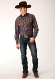 MENS LONG SLEEVE SNAP BLUE CAMEL BROWN PLAID WESTERN SHIRT