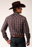 MENS LONG SLEEVE SNAP BLUE CAMEL BROWN PLAID WESTERN SHIRT