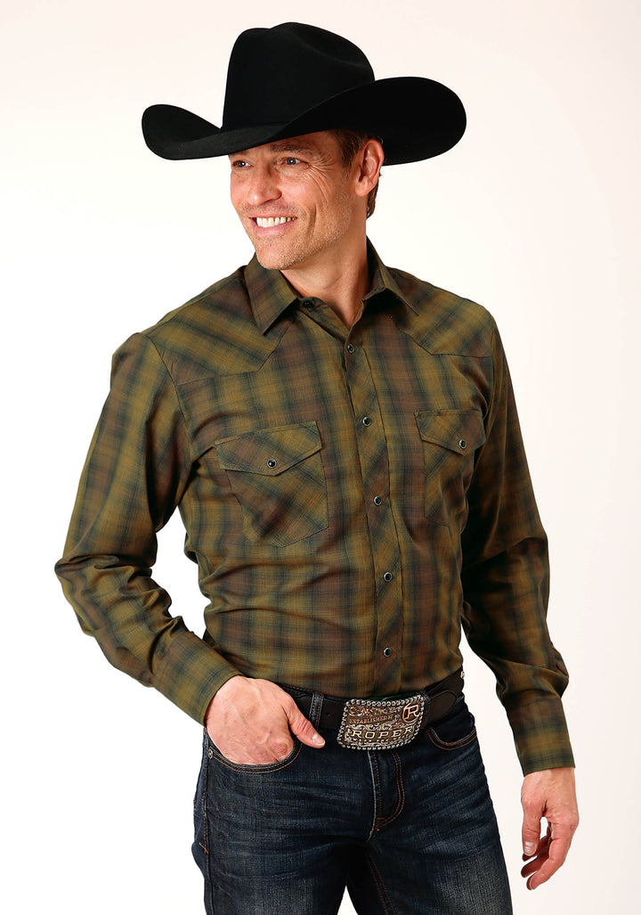 MENS LONG SLEEVE SNAP BLACK GOLD PLAID WESTERN SHIRT