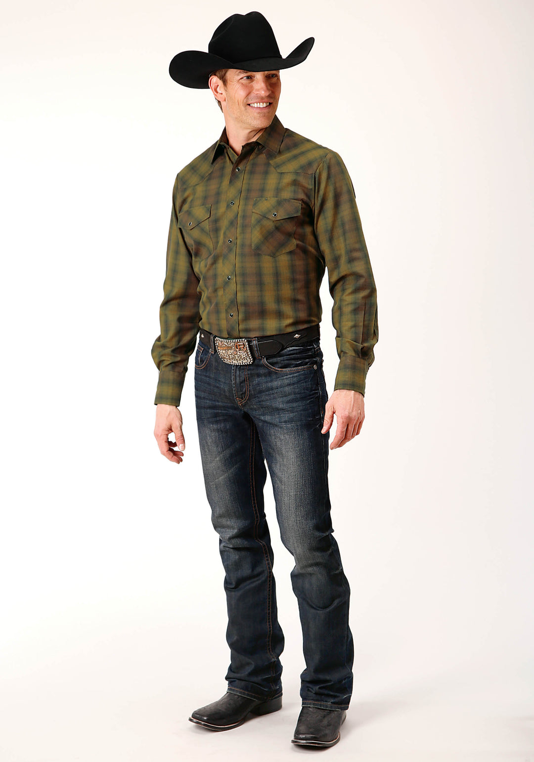 MENS LONG SLEEVE SNAP BLACK GOLD PLAID WESTERN SHIRT