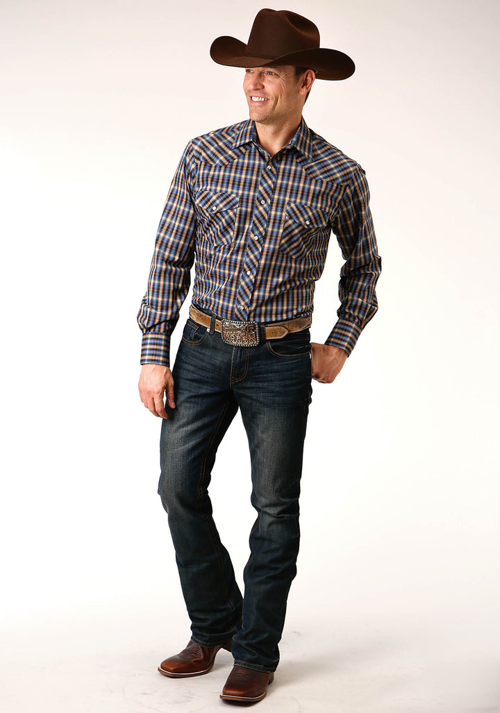 MENS LONG SLEEVE SNAP ROYAL  BROWN AND YELLOW PLAID WESTERN SHIRT
