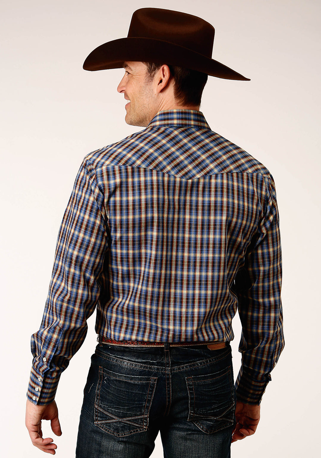 MENS LONG SLEEVE SNAP ROYAL  BROWN AND YELLOW PLAID WESTERN SHIRT