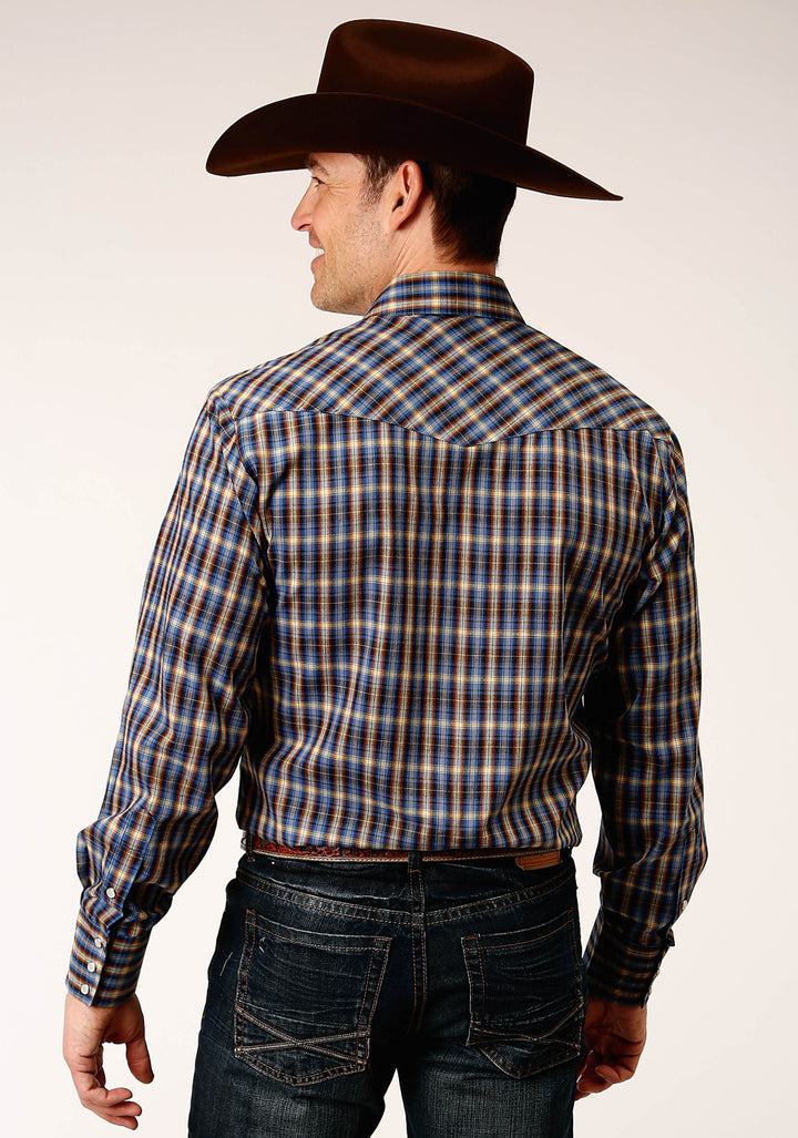 MENS LONG SLEEVE SNAP ROYAL  BROWN AND YELLOW PLAID WESTERN SHIRT