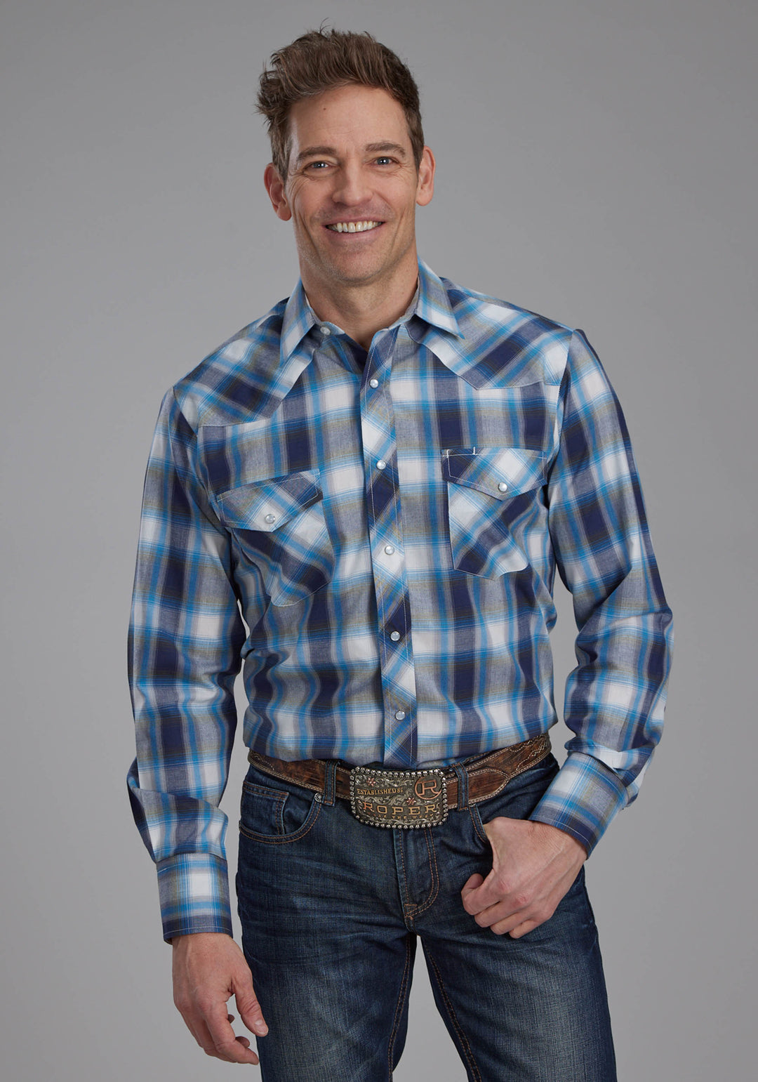 MENS MULIT BLUE AND WHITE PLAID LONG SLEEVE SNAP WESTERN SHIRT