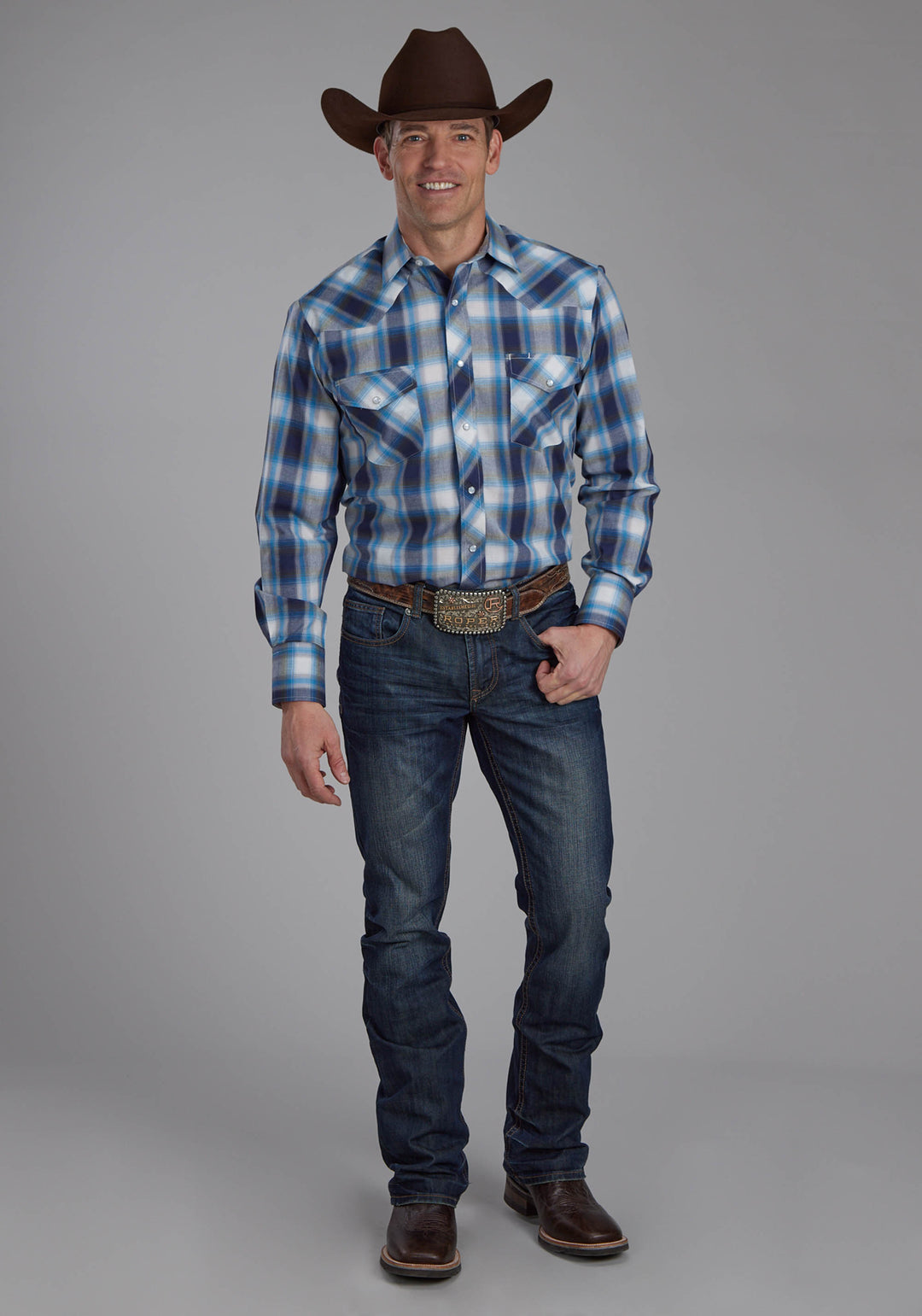 MENS MULIT BLUE AND WHITE PLAID LONG SLEEVE SNAP WESTERN SHIRT