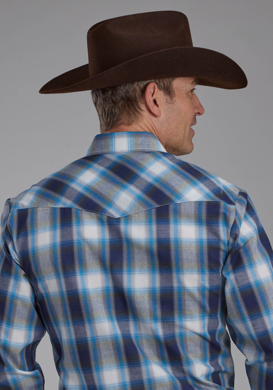 MENS MULIT BLUE AND WHITE PLAID LONG SLEEVE SNAP WESTERN SHIRT