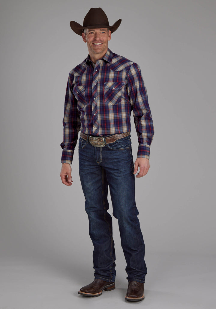 MENS NAVY, CREAM AND RED PLAID LONG SLEEVE SNAP WESTERN SHIRT