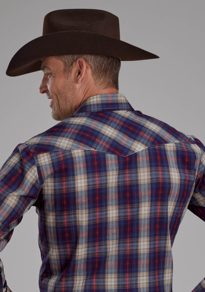 MENS NAVY, CREAM AND RED PLAID LONG SLEEVE SNAP WESTERN SHIRT