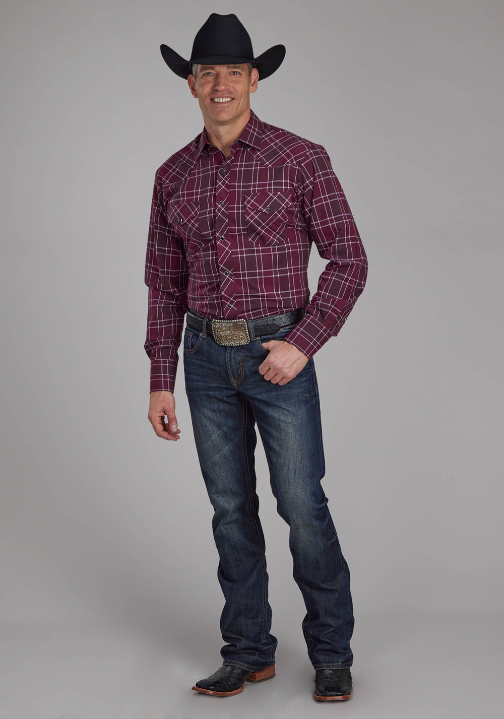 MENS WINE, BLACK AND WHITE PLAID LONG SLEEVE SNAP WESTERN SHIRT