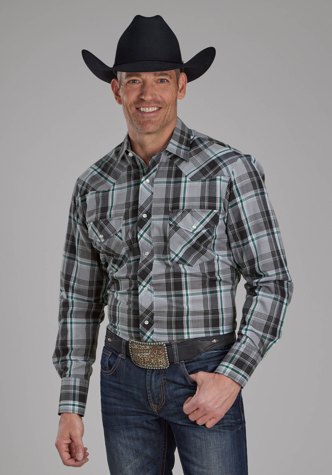 MENS GRAY, BLACK AND WHITE PLAID LONG SLEEVE SNAP WESTERN SHIRT