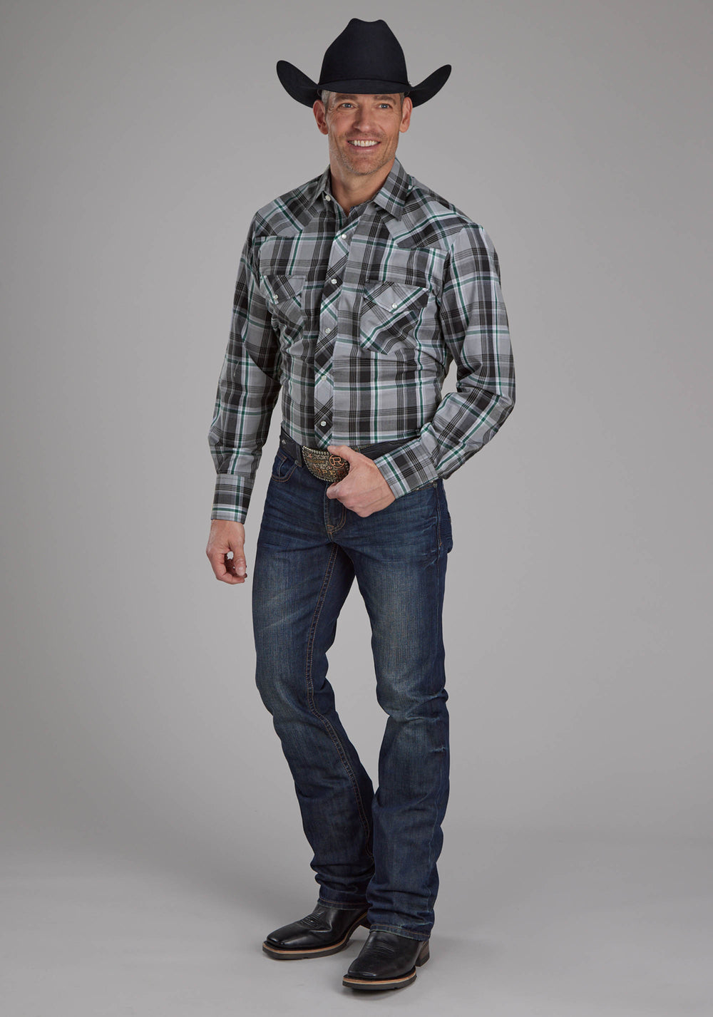 MENS GRAY, BLACK AND WHITE PLAID LONG SLEEVE SNAP WESTERN SHIRT