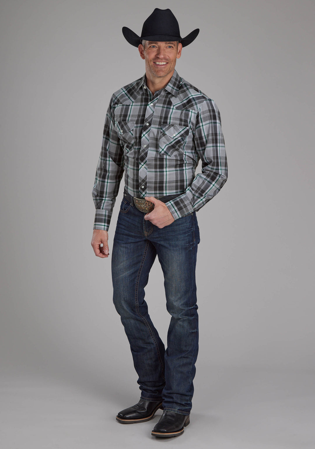 MENS GRAY, BLACK AND WHITE PLAID LONG SLEEVE SNAP WESTERN SHIRT