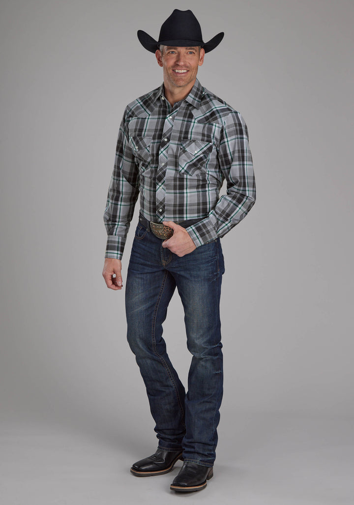 MENS GRAY, BLACK AND WHITE PLAID LONG SLEEVE SNAP WESTERN SHIRT