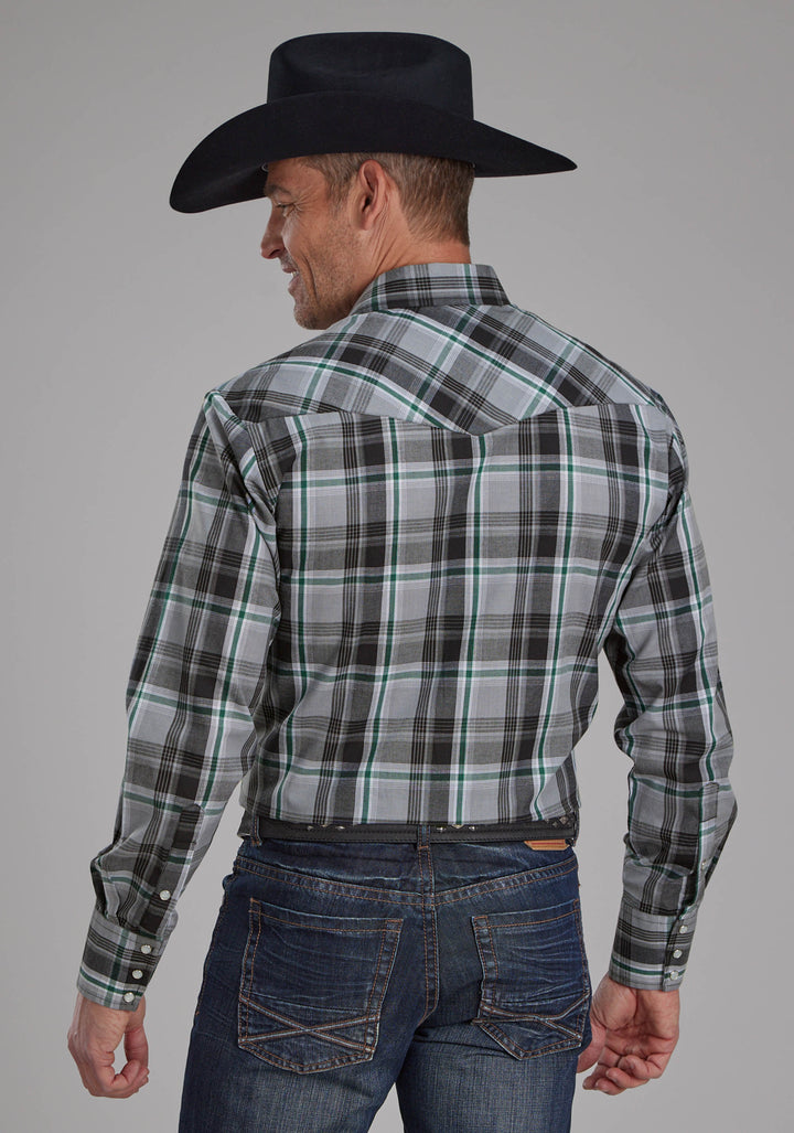 MENS GRAY, BLACK AND WHITE PLAID LONG SLEEVE SNAP WESTERN SHIRT
