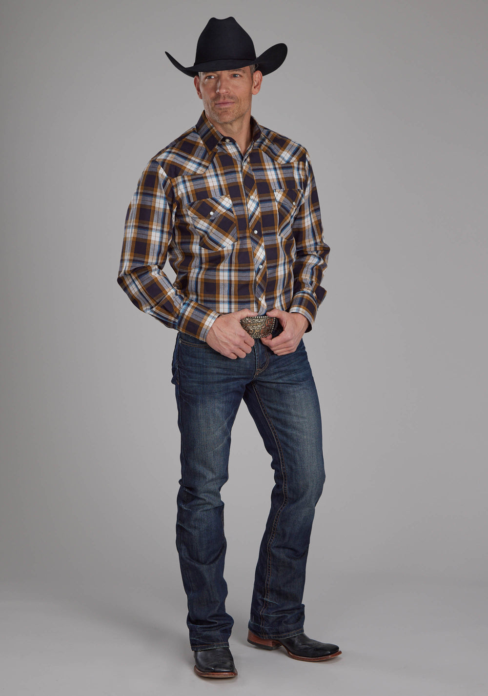 MENS CARAMEL, NAVY, AND TEAL PLAID LONG SLEEVE SNAP WESTERN SHIRT