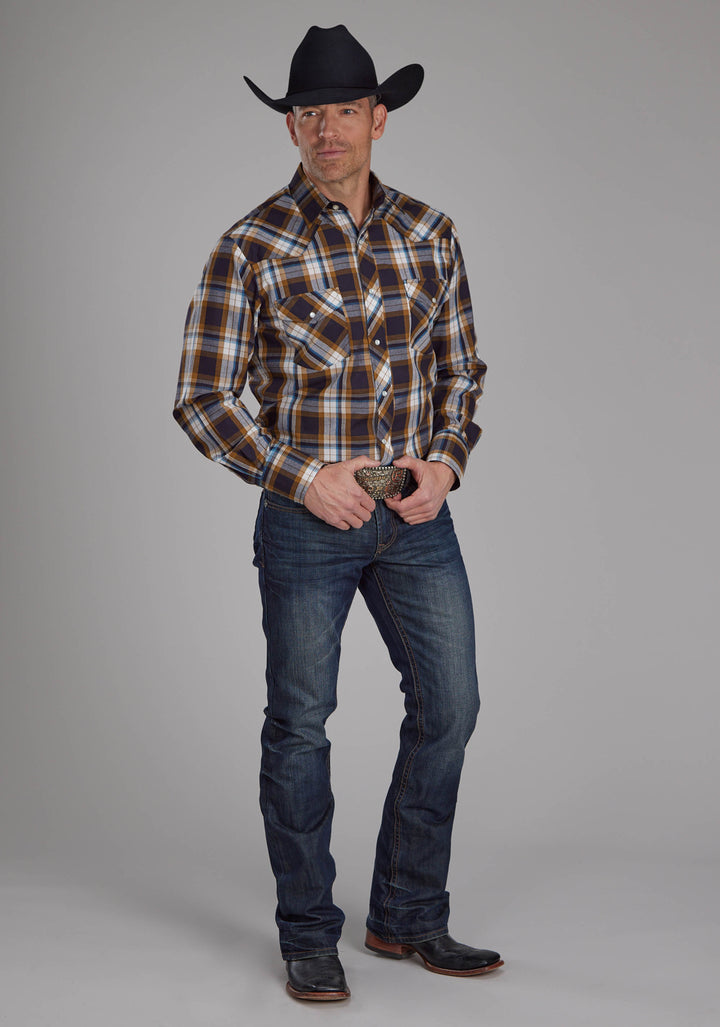 MENS CARAMEL, NAVY, AND TEAL PLAID LONG SLEEVE SNAP WESTERN SHIRT