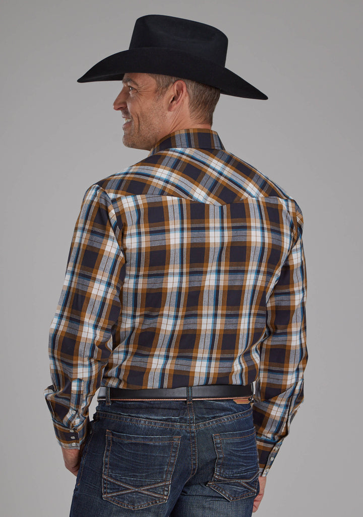 MENS CARAMEL, NAVY, AND TEAL PLAID LONG SLEEVE SNAP WESTERN SHIRT