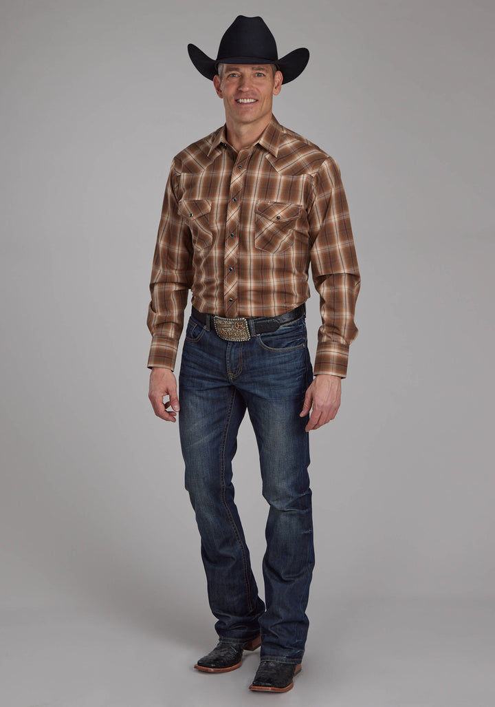 MENS TOBACCO, BLACK AND RED PLAID LONG SLEEVE SNAP WESTERN SHIRT