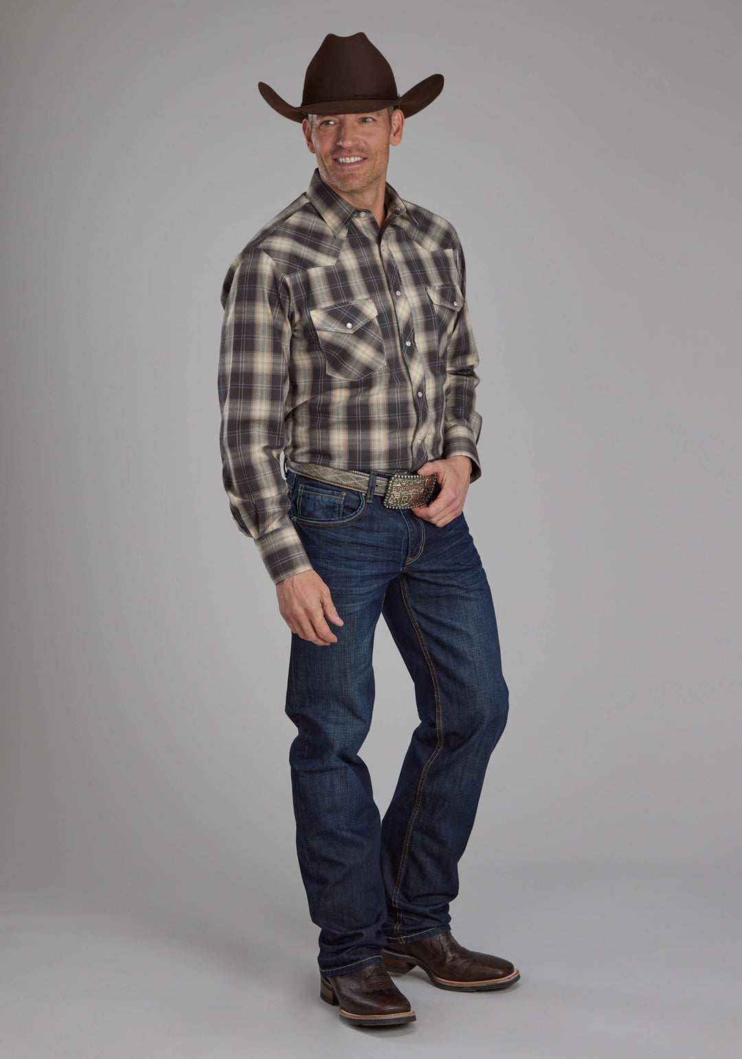 MENS GRAY, GRAY, AND TAN PLAID LONG SLEEVE SNAP WESTERN SHIRT