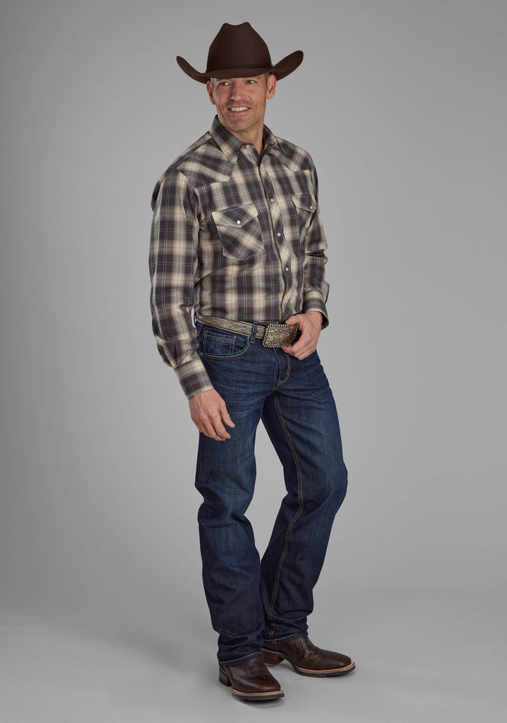 MENS GRAY, GRAY, AND TAN PLAID LONG SLEEVE SNAP WESTERN SHIRT