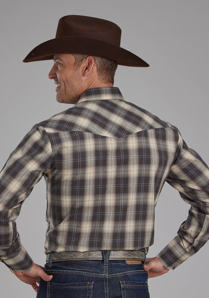 MENS GRAY, GRAY, AND TAN PLAID LONG SLEEVE SNAP WESTERN SHIRT