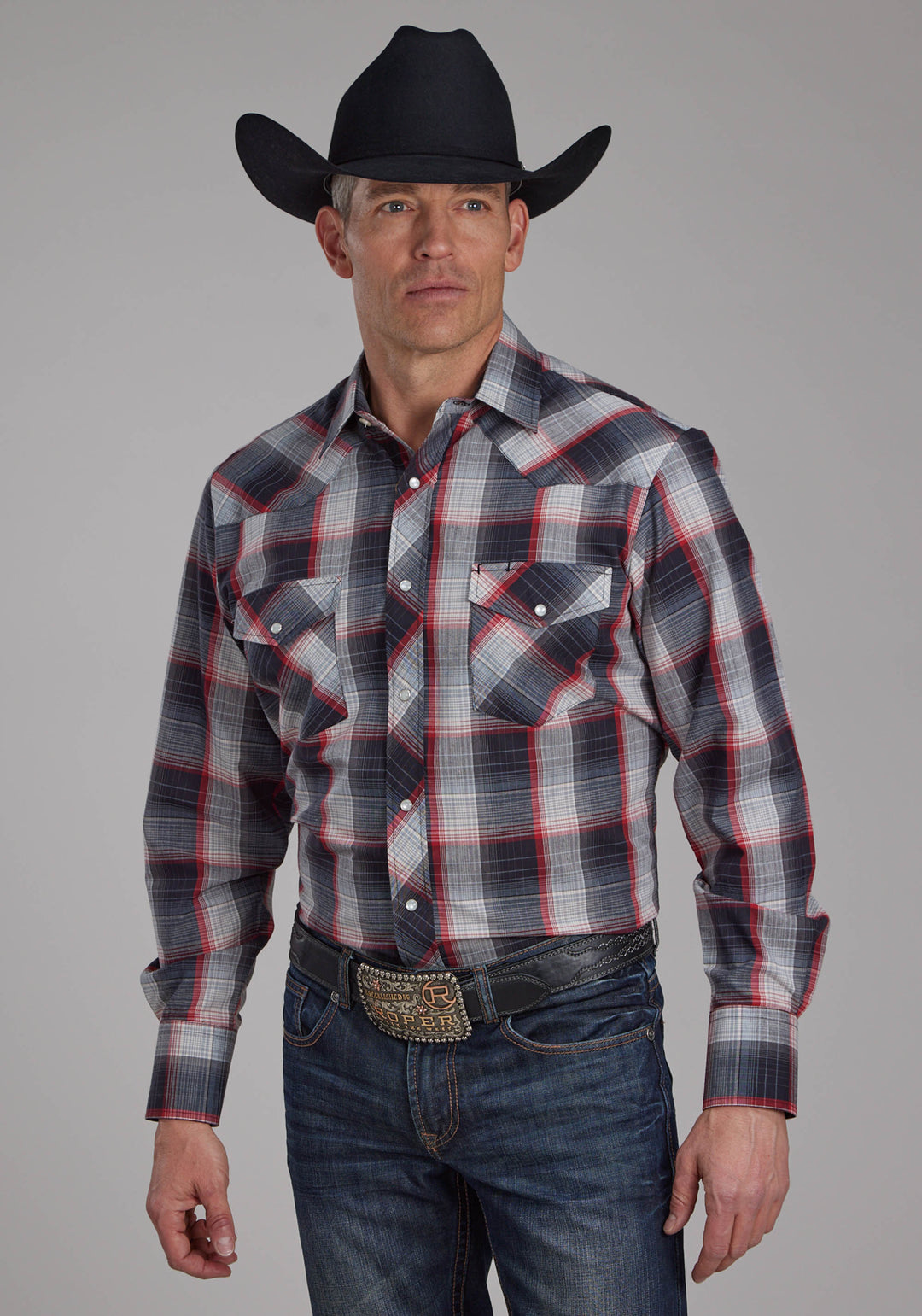 MENS BLACK, GRAY, CREAM AND RED PLAID LONG SLEEVE SNAP WESTERN SHIRT