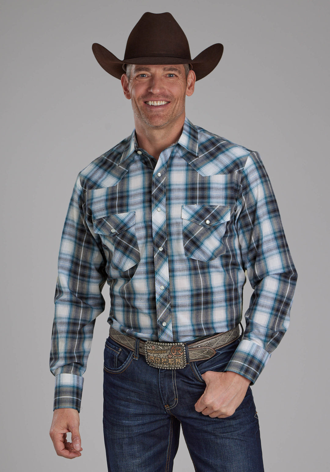 MENS NAVY, TEAL, AND WHITE PLAID LONG SLEEVE SNAP WESTERN SHIRT