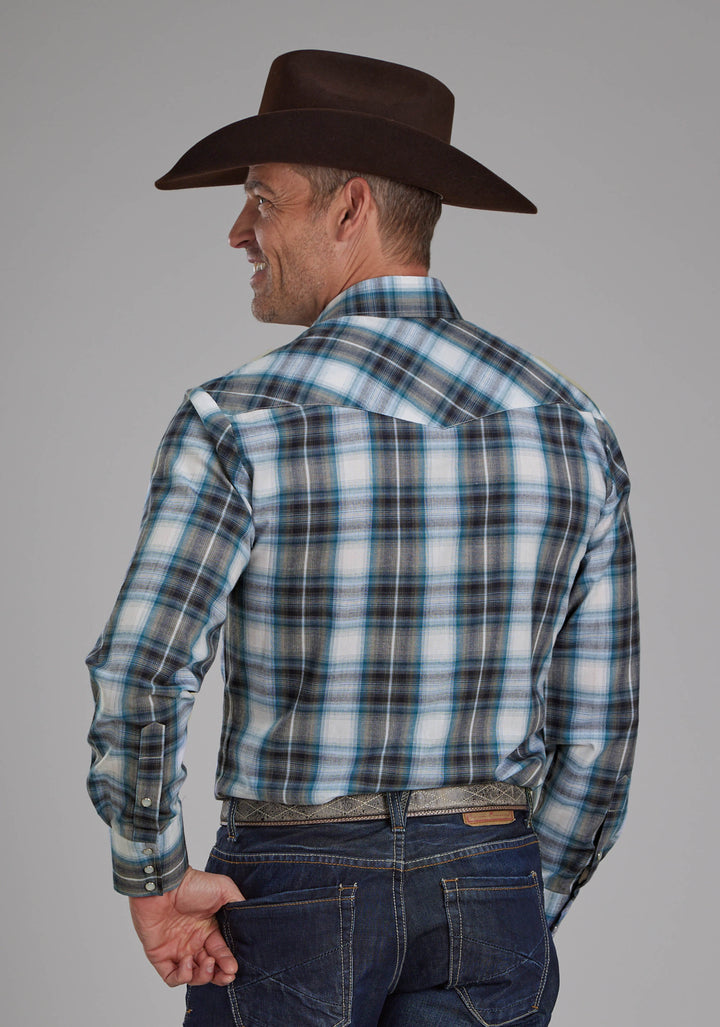 MENS NAVY, TEAL, AND WHITE PLAID LONG SLEEVE SNAP WESTERN SHIRT