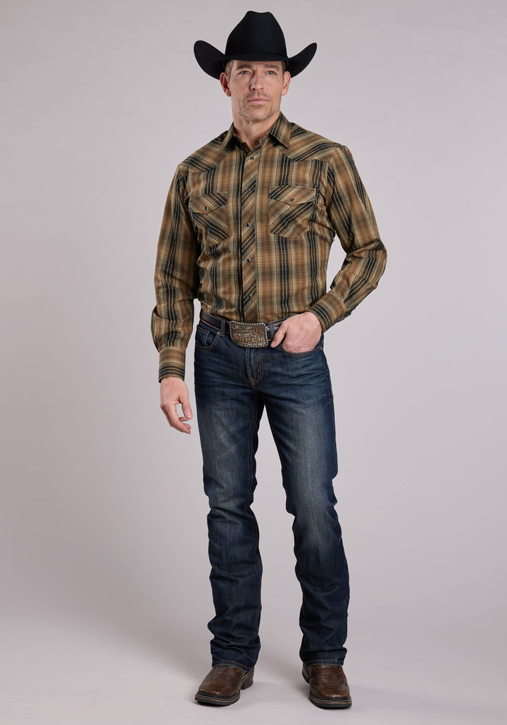 MENS LONG SLEEVE SNAP BROWN BLACK TAN PLAID WESTERN SHIRT