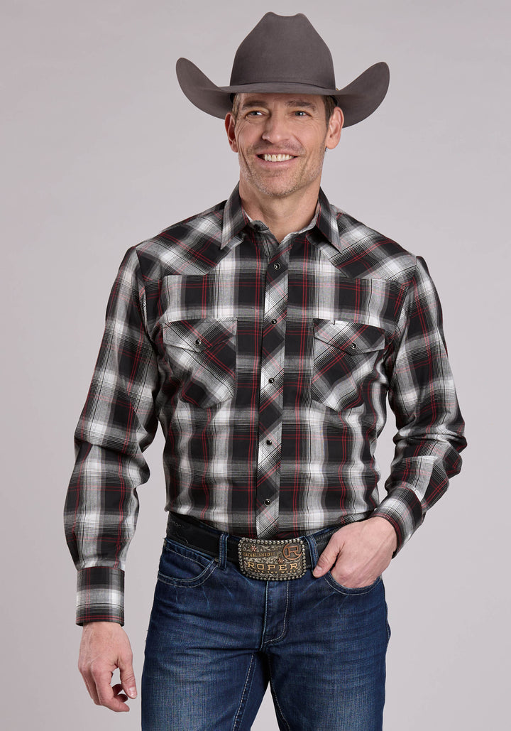 MENS LONG SLEEVE SNAP BLACK WHITE RED PLAID WESTERN SHIRT