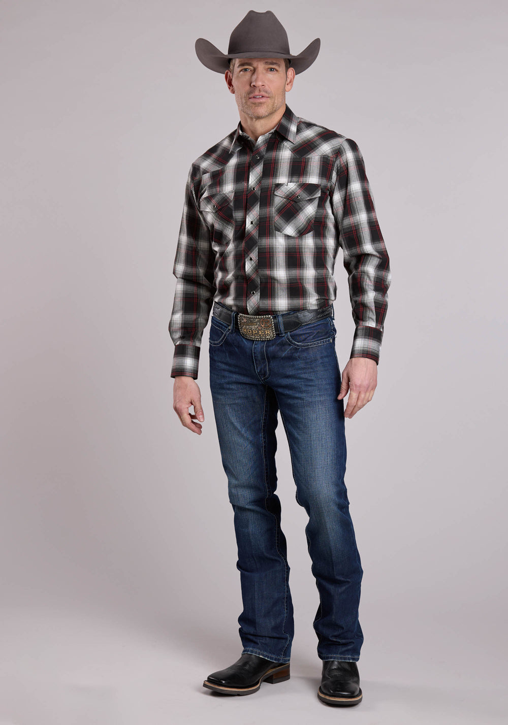 MENS LONG SLEEVE SNAP BLACK WHITE RED PLAID WESTERN SHIRT