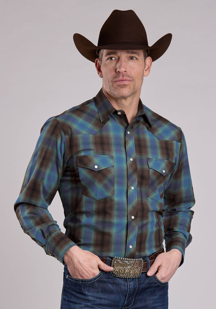 MENS LONG SLEEVE SNAP TURQUOISE COBALT CHOCOLATE PLAID WESTERN SHIRT
