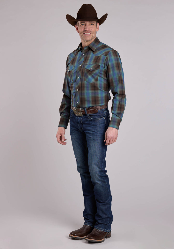 MENS LONG SLEEVE SNAP TURQUOISE COBALT CHOCOLATE PLAID WESTERN SHIRT