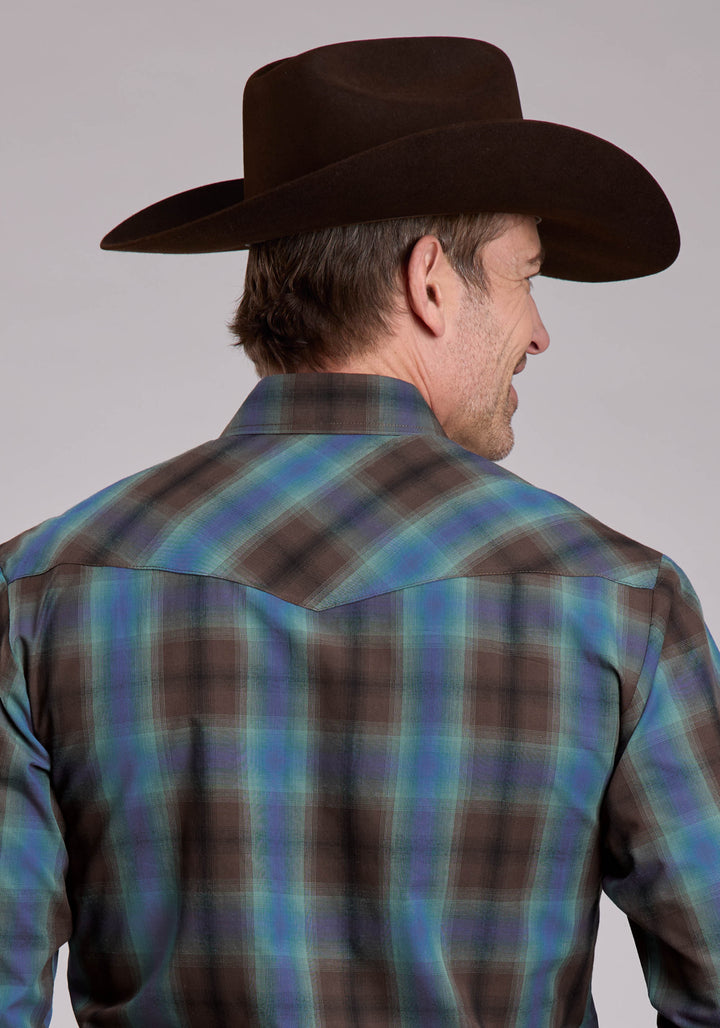 MENS LONG SLEEVE SNAP TURQUOISE COBALT CHOCOLATE PLAID WESTERN SHIRT