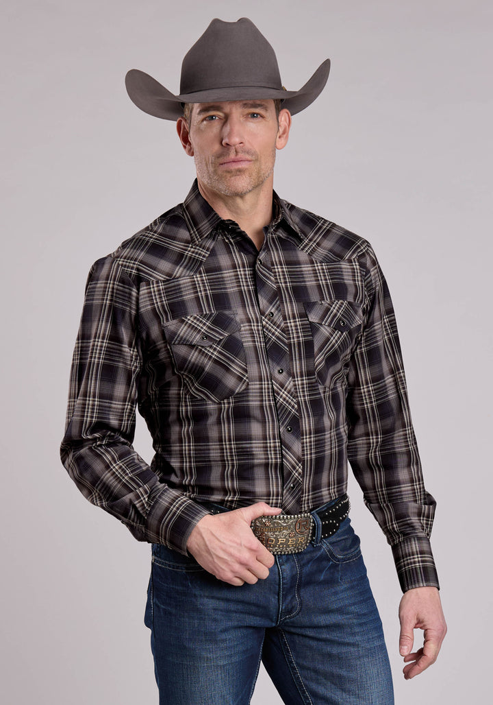 MENS LONG SLEEVE SNAP BLACK GREY BROWN PLAID WESTERN SHIRT
