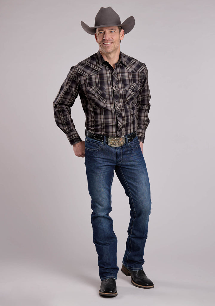 MENS LONG SLEEVE SNAP BLACK GREY BROWN PLAID WESTERN SHIRT