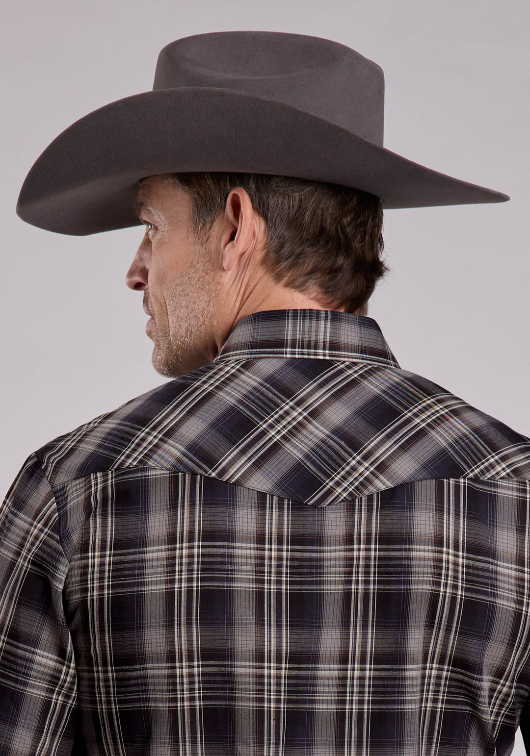 MENS LONG SLEEVE SNAP BLACK GREY BROWN PLAID WESTERN SHIRT