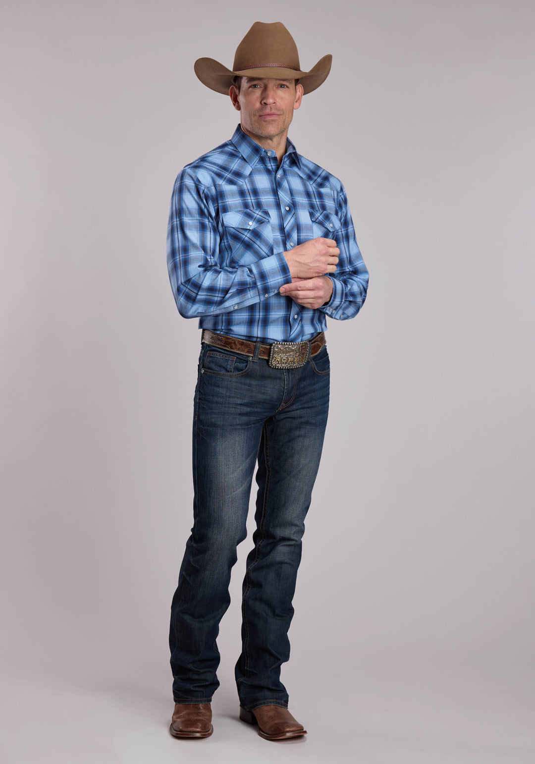 MENS ROPER MULTI BLUE PLAID WESTERN SNAP SHIRT