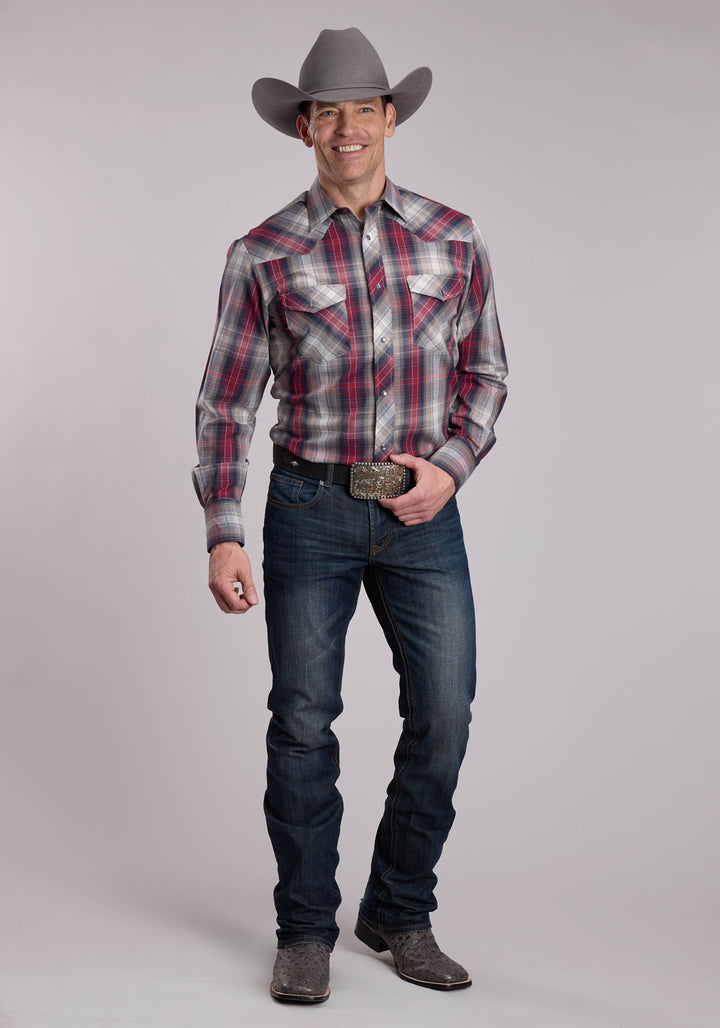 MENS ROPER GREY AND TAN AND RED PLAID WESTERN SNAP SHIRT