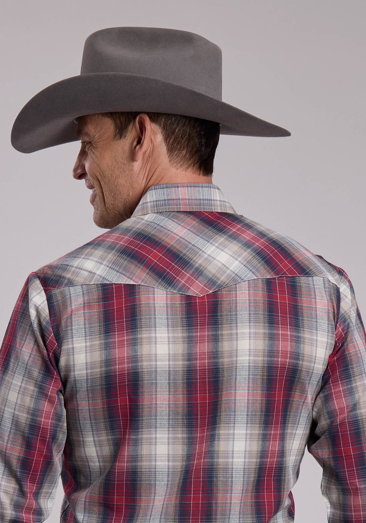 MENS ROPER GREY AND TAN AND RED PLAID WESTERN SNAP SHIRT