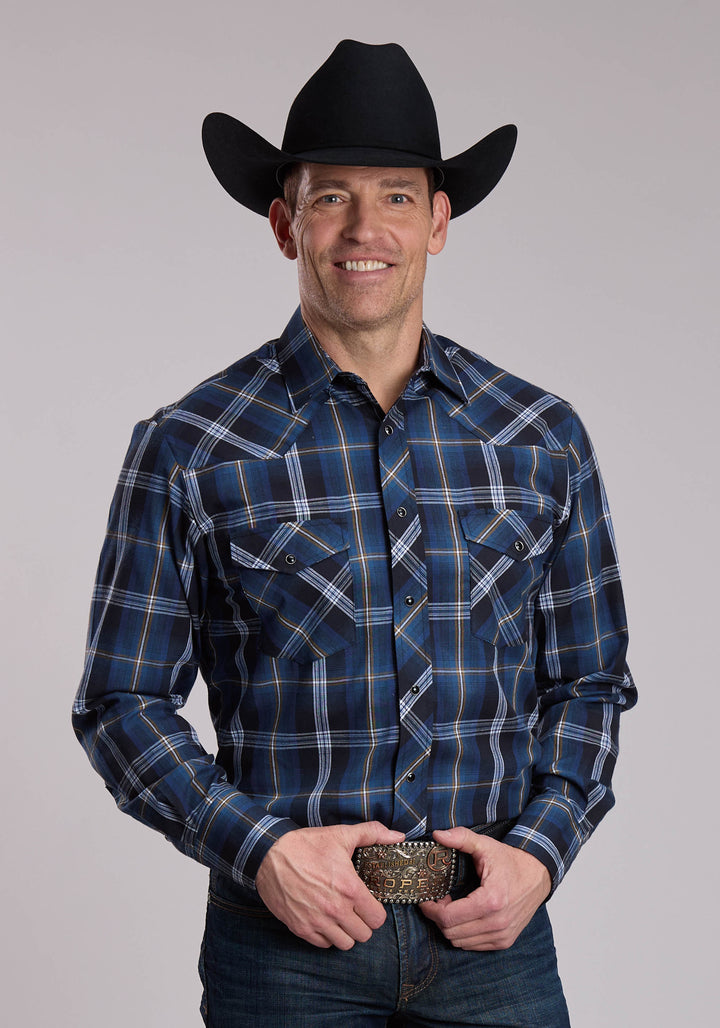 MENS ROPER BLUE AND BLACK AND TAN PLAID WESTERN SNAP SHIRT