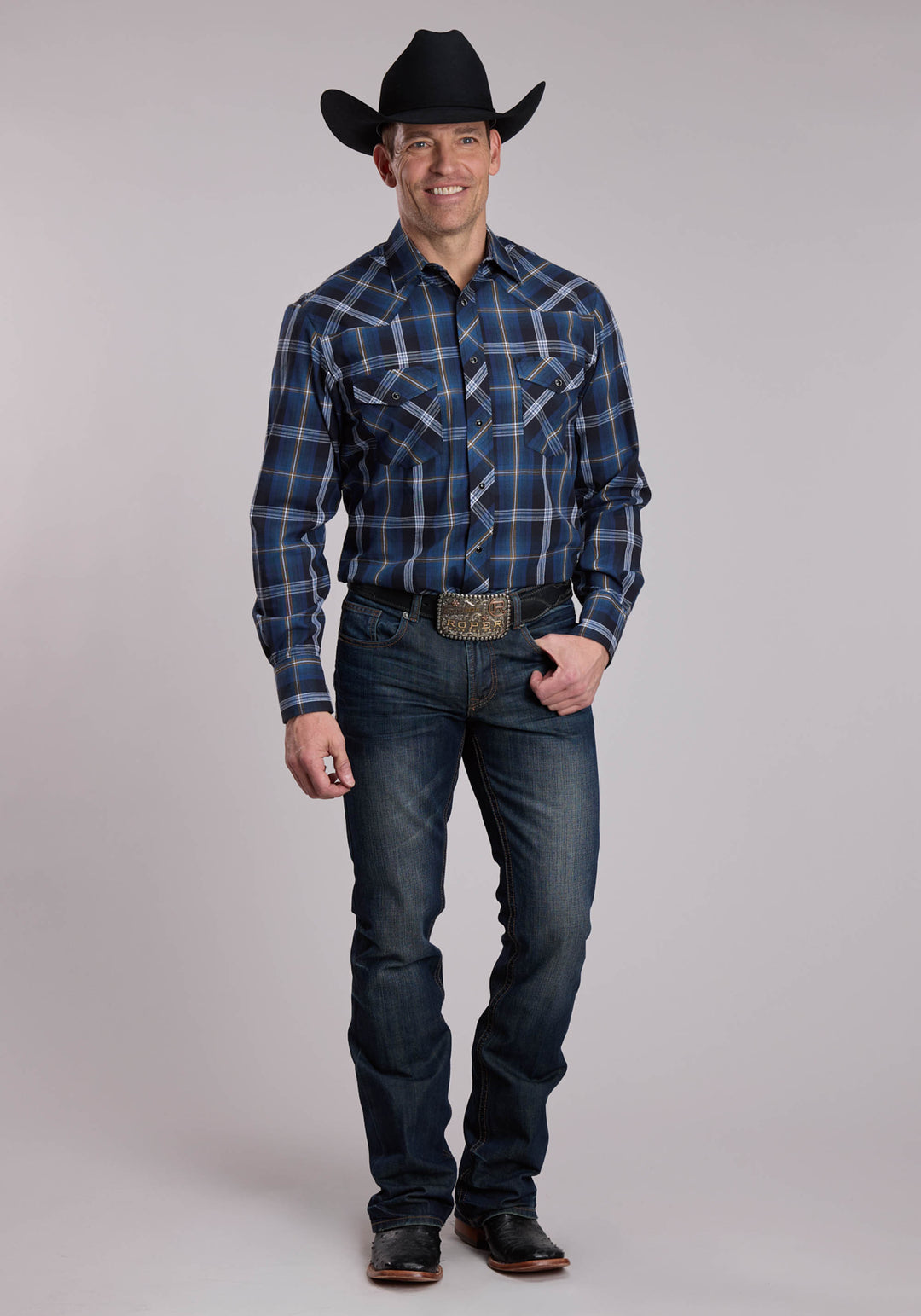 MENS ROPER BLUE AND BLACK AND TAN PLAID WESTERN SNAP SHIRT